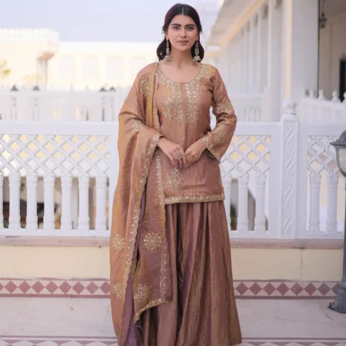 Front view of designer kurti sharara dupatta set with zari sequins embroidery