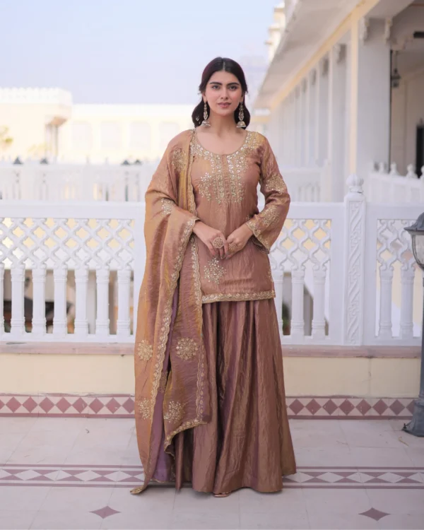 Front view of designer kurti sharara dupatta set with zari sequins embroidery