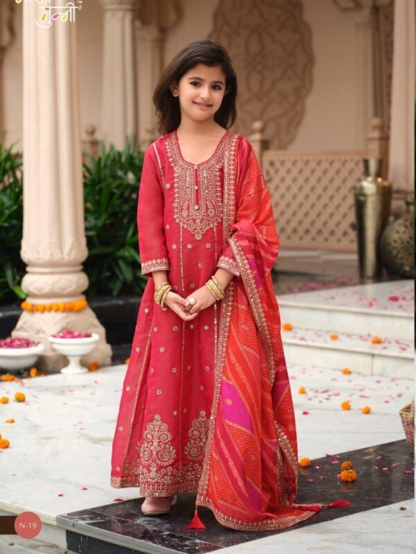 Kids Anarkali Gown Set with Dupatta – Embroidered Silk Ethnic Wear for Girls
