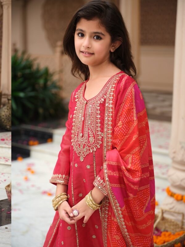 Kids Anarkali Gown Set with Dupatta – Embroidered Silk Ethnic Wear for Girls