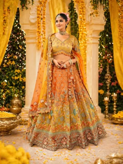 Mustard orange chaniya choli for haldi function with heavy embroidery