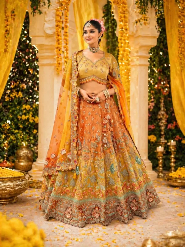 Mustard orange chaniya choli for haldi function with heavy embroidery