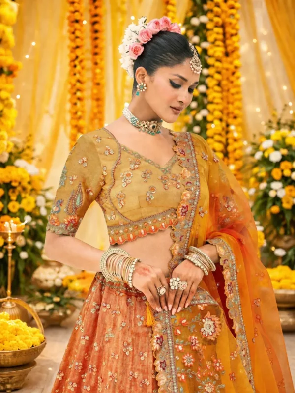 Mustard Orange Chaniya Choli for Haldi – Heavy Embroidered Bridal Lehenga Set
