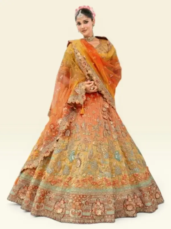 Mustard Orange Chaniya Choli for Haldi – Heavy Embroidered Bridal Lehenga Set