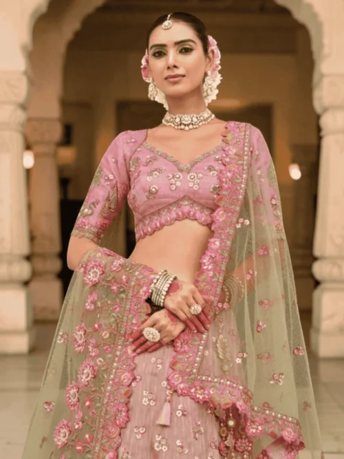 pastel pink chaniya choli for mehendi function with heavy floral embroidery