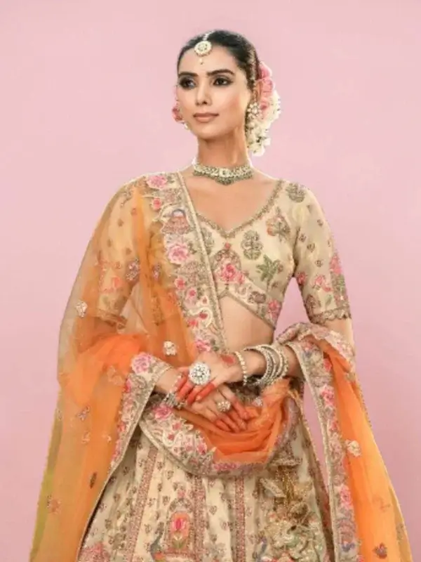 embroidered wedding lehenga beige peach color