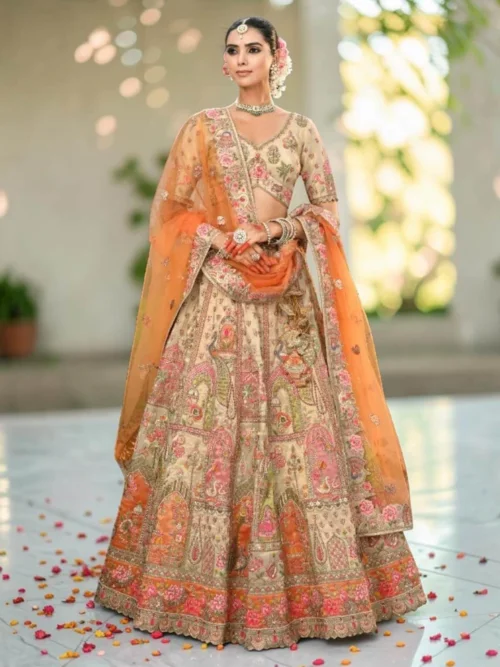 beige peach designer chaniya choli front view