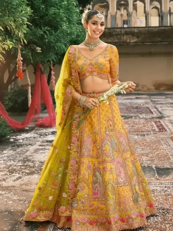 Mustard Yellow Designer Chaniya Choli for Haldi – Heavy Embroidered Festive Wedding Lehenga