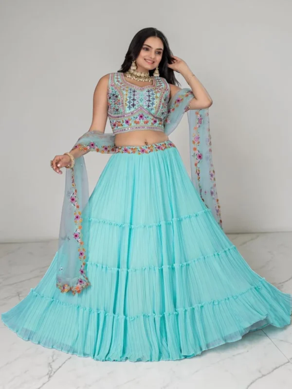 Sky Blue Ruffle Lehenga Choli Set for Women – Elegant 3 Piece Wedding Outfit
