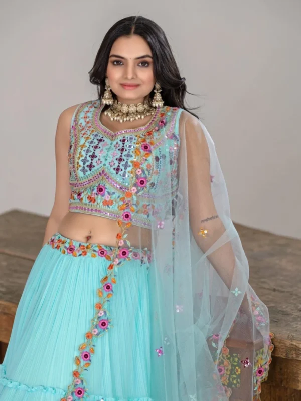 Sky Blue Ruffle Lehenga Choli Set for Women – Elegant 3 Piece Wedding Outfit