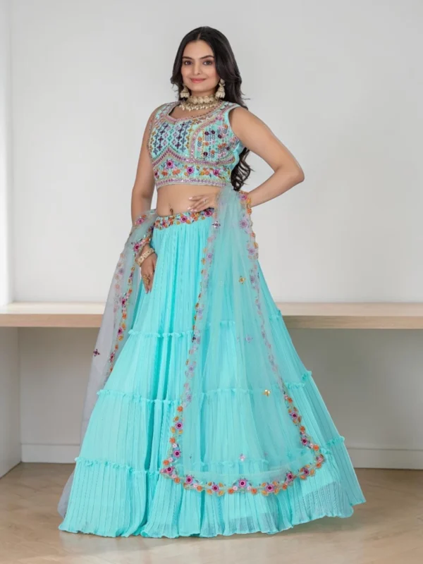 Sky Blue Ruffle Lehenga Choli Set for Women – Elegant 3 Piece Wedding Outfit