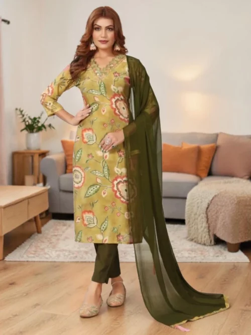 chanderi kurti pant set with dupatta side view
