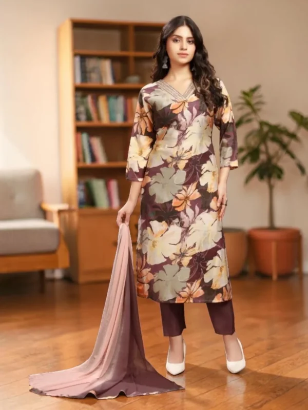 Floral Chanderi Kurti Pant Set with Dupatta