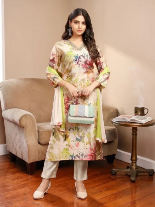 floral chanderi kurti pant set with dupatta front view