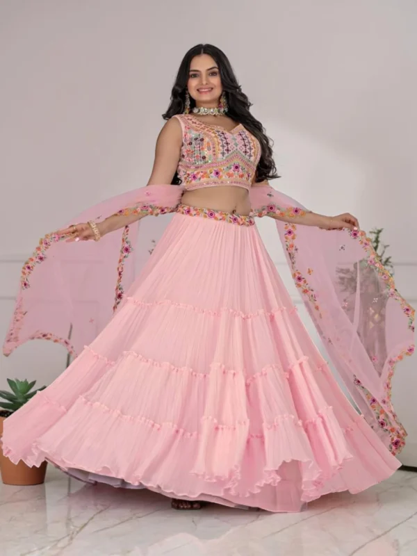 Pink Ruffle Lehenga Choli Set for Women – Stylish 3 Piece Wedding & Party Wear Outfit