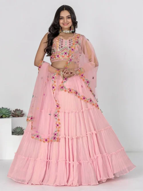 pink lehenga choli set for women wedding party wear embroidery