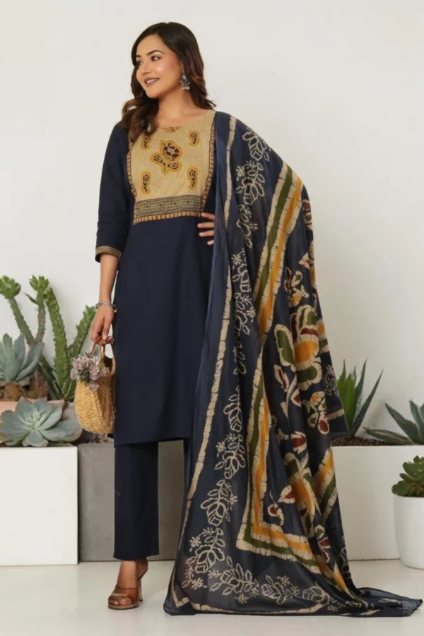 mustard cotton kurti pant set with dupatta full outfit