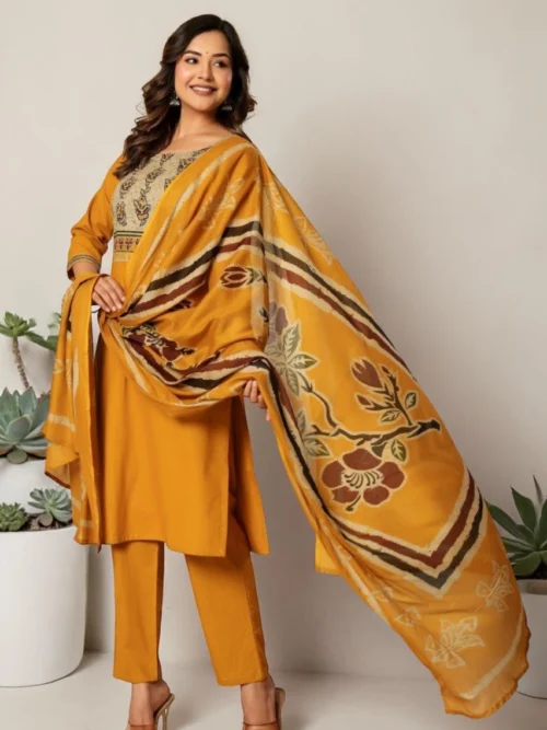 mustard cotton kurti pant set with dupatta front view