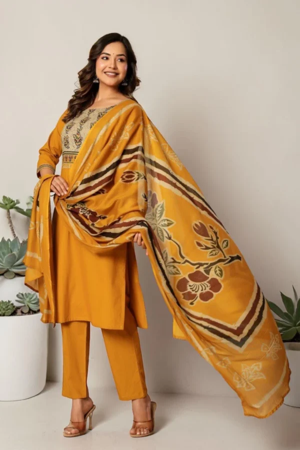 mustard cotton kurti pant set with dupatta front view