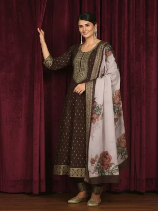 Chocolate Brown Embroidered Kurta Pant Dupatta Set for Women
