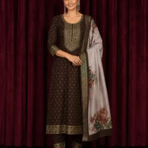 Chocolate Brown Embroidered Kurta Pant Dupatta Set for Women