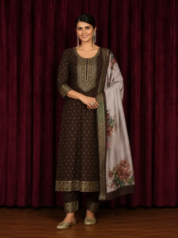 Chocolate Brown Embroidered Kurta Pant Dupatta Set for Women