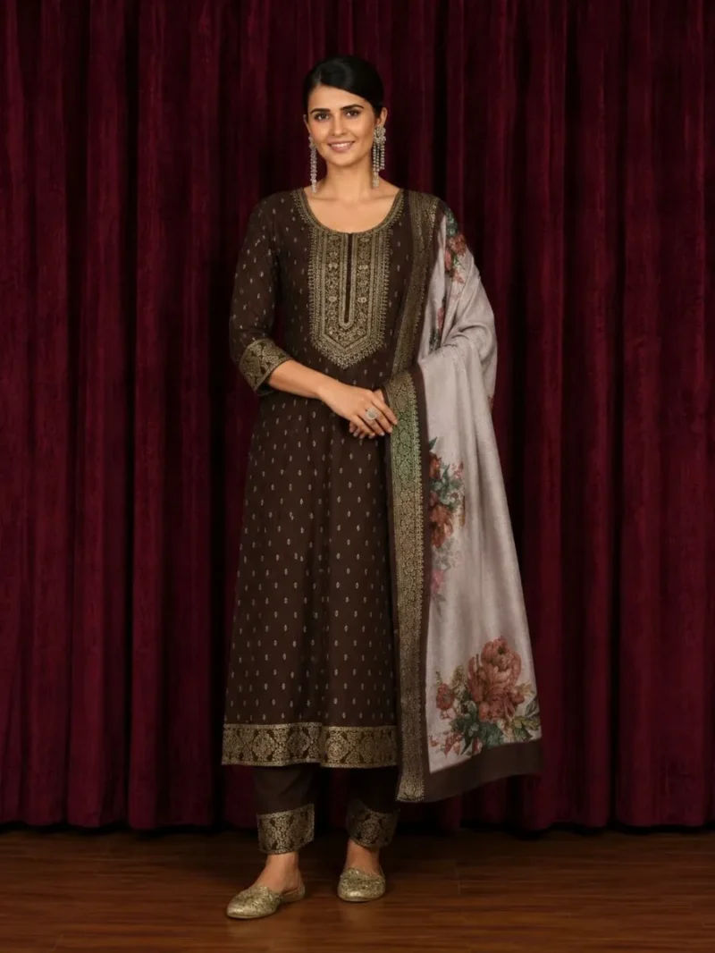 Chocolate Brown Embroidered Kurta Pant Dupatta Set for Women