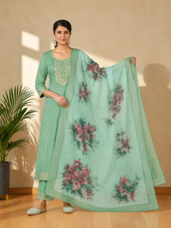 NZ-LR-COTS-GEMINI-MG-3 Mint Green Embroidered Kurta Pant Dupatta Set for Women