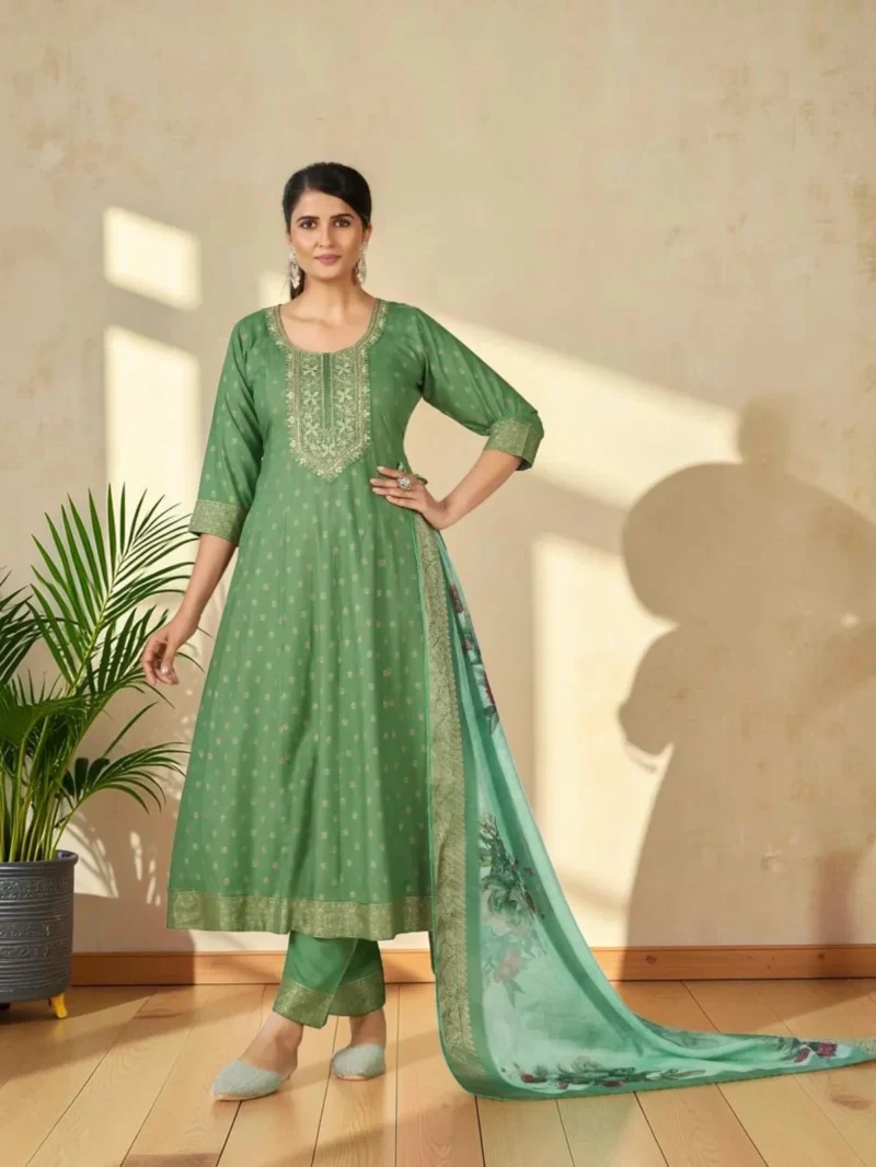 Mint Green Kurta Pant Dupatta Set for Women with floral printed dupatta