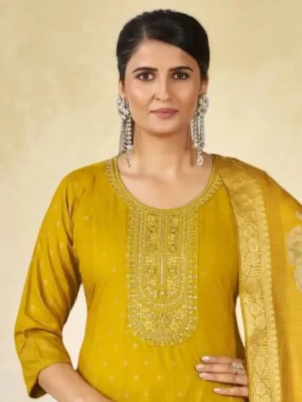 NZ-LR-COTS-GEMINI-MY-1 Mustard Yellow Embroidered Kurta Pant Dupatta Set for Women