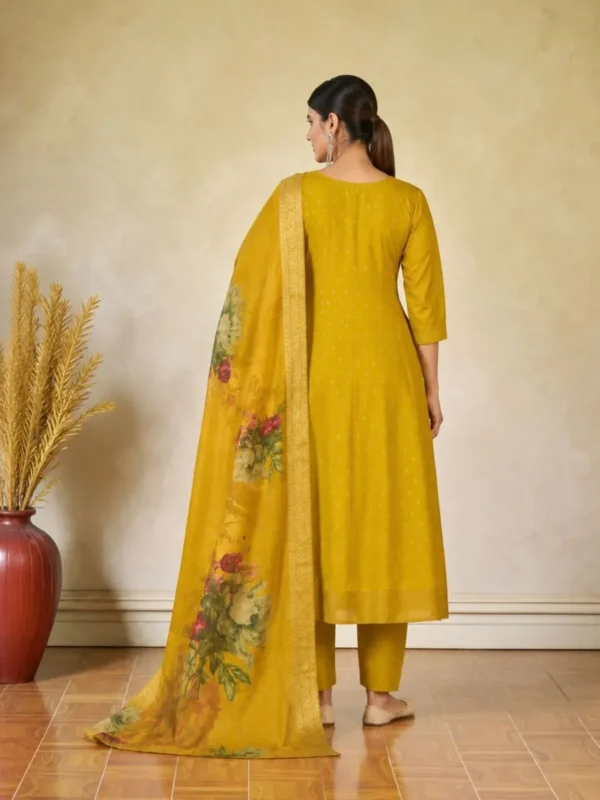 NZ-LR-COTS-GEMINI-MY-3 Mustard Yellow Embroidered Kurta Pant Dupatta Set for Women
