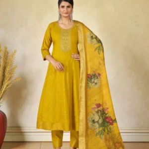 mustard yellow embroidered kurta pant dupatta set for women