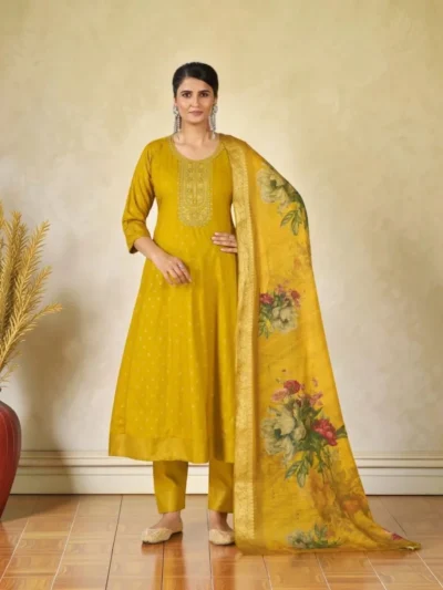 mustard yellow embroidered kurta pant dupatta set for women