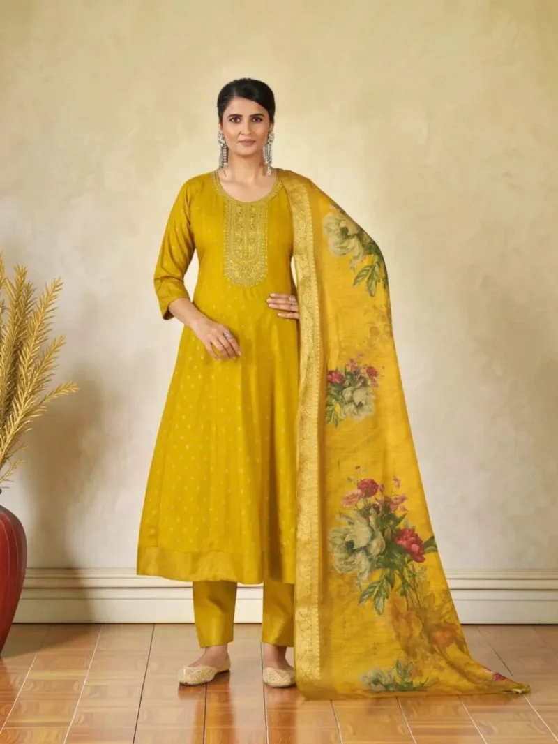 mustard yellow embroidered kurta pant dupatta set for women