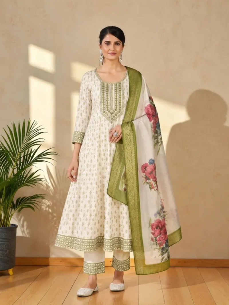Off White Kurta Pant Dupatta Set for Women with floral printed dupatta