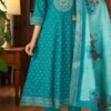 Teal Blue Embroidered Kurta Pant Dupatta Set for Women
