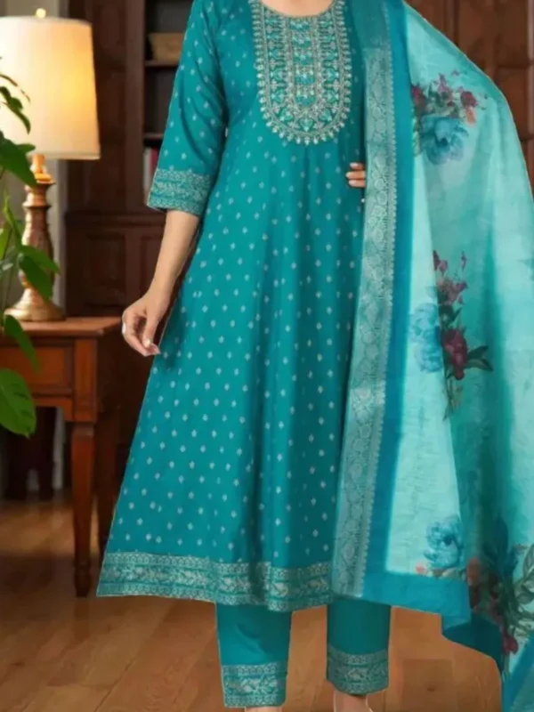 Teal Blue Embroidered Kurta Pant Dupatta Set for Women