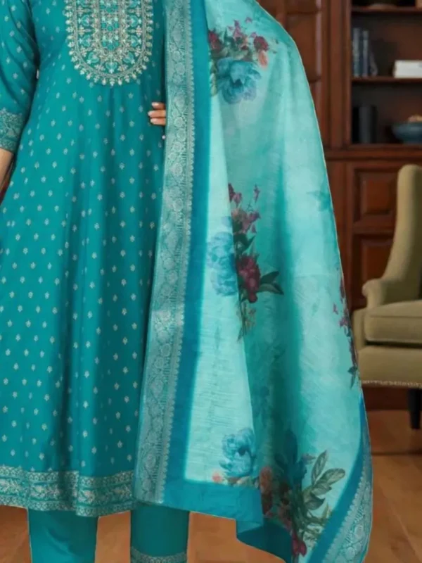 Teal Blue Embroidered Kurta Pant Dupatta Set for Women