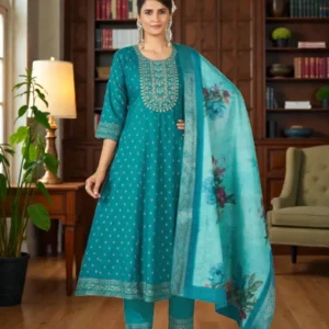 Teal Blue Embroidered Kurta Pant Dupatta Set for Women