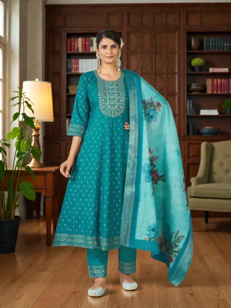 Teal Blue Embroidered Kurta Pant Dupatta Set for Women