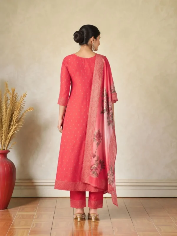 NZ-LR-FKURS-GEMINI-CP-2 Coral Pink Embroidered Kurta Pant Dupatta Set for Women