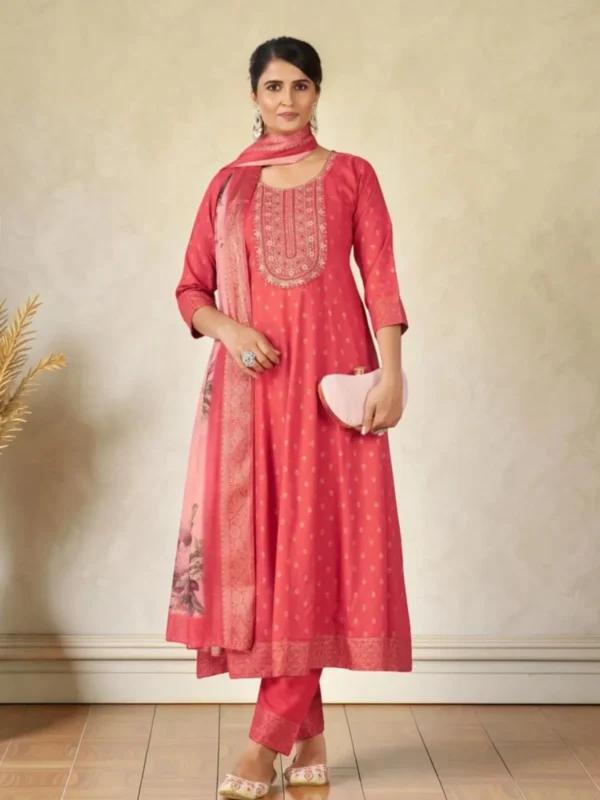 NZ-LR-FKURS-GEMINI-CP-3 Coral Pink Embroidered Kurta Pant Dupatta Set for Women
