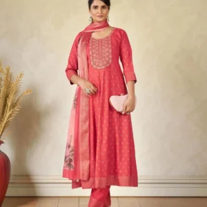Coral Pink Embroidered Kurta Pant Dupatta Set for Women with Chanderi Dupatta
