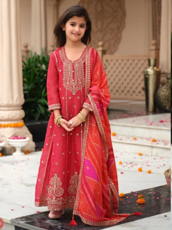 Kids Anarkali Gown Set with Dupatta – Embroidered Silk Ethnic Wear for Girls