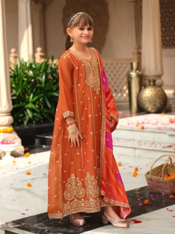 Kids Anarkali Gown Set with Dupatta – Embroidered Silk Ethnic Wear for Girls