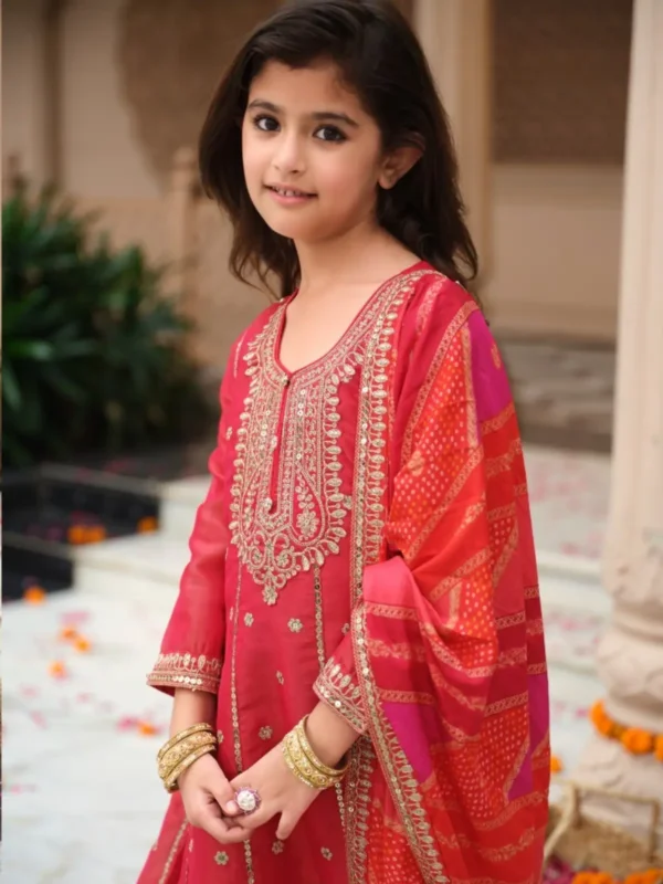 Kids Anarkali Gown Set with Dupatta – Embroidered Silk Ethnic Wear for Girls
