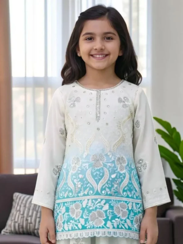 NZ-LR-KPS-LFH OC DN 249-AB-1 Designer Aqua Blue and Off White Embroidered Girls Palazzo Set with Dupatta