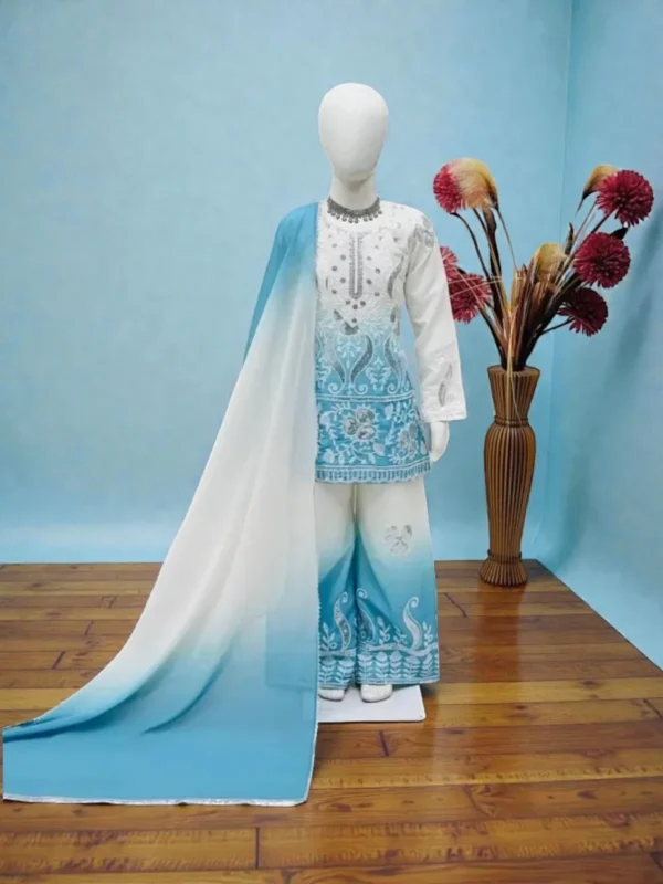 NZ-LR-KPS-LFH OC DN 249-AB-2 Designer Aqua Blue and Off White Embroidered Girls Palazzo Set with Dupatta