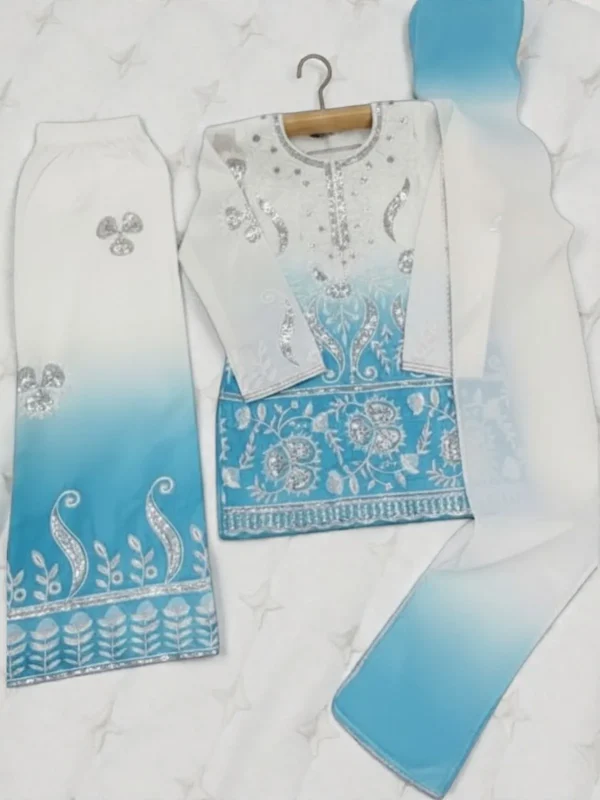 NZ-LR-KPS-LFH OC DN 249-AB-3 Designer Aqua Blue and Off White Embroidered Girls Palazzo Set with Dupatta