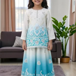 Aqua blue and off white embroidered girls palazzo set with dupatta